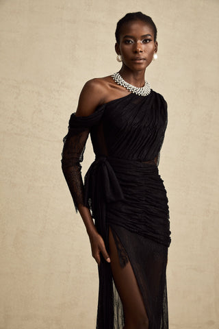 Jeanne One-Shoulder Lace Maxi Gown — Black