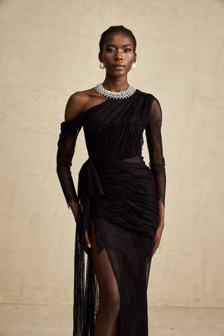 Jeanne One-Shoulder Lace Maxi Gown — Black
