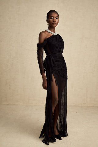 Jeanne One-Shoulder Lace Maxi Gown — Black