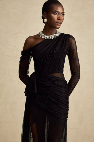 Jeanne One-Shoulder Lace Maxi Gown — Black