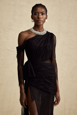 Jeanne One-Shoulder Lace Maxi Gown — Black
