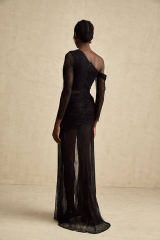 Jeanne One-Shoulder Lace Maxi Gown — Black