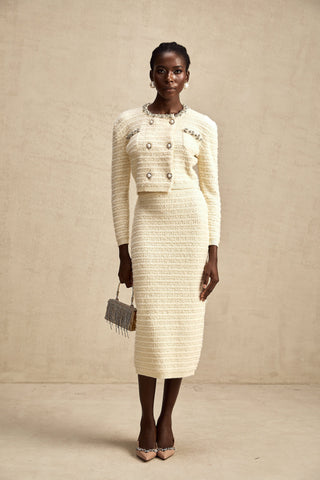Justine Embellished Knit Cardigan and Skirt Set — Neutral