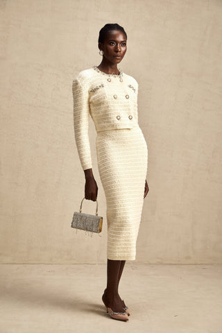 Justine Embellished Knit Cardigan and Skirt Set — Neutral