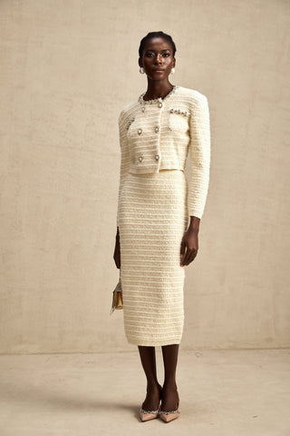 Justine Embellished Knit Cardigan and Skirt Set — Neutral