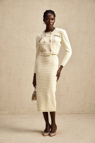 Justine Embellished Knit Cardigan and Skirt Set — Neutral