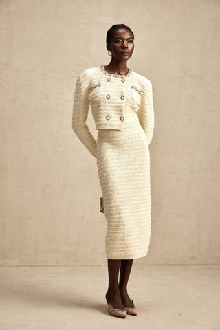Justine Embellished Knit Cardigan and Skirt Set — Neutral