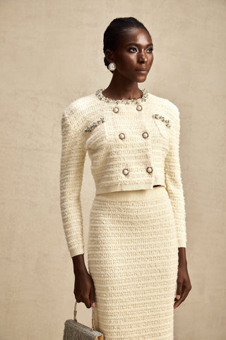Justine Embellished Knit Cardigan and Skirt Set — Neutral