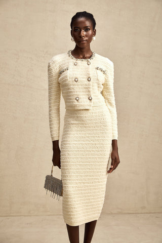 Justine Embellished Knit Cardigan and Skirt Set — Neutral