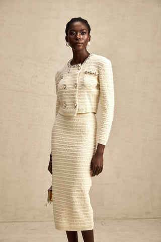 Justine Embellished Knit Cardigan and Skirt Set — Neutral