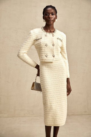 Justine Embellished Knit Cardigan and Skirt Set — Neutral