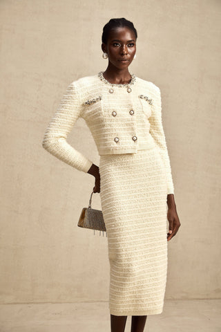Justine Embellished Knit Cardigan and Skirt Set — Neutral