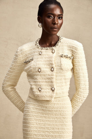 Justine Embellished Knit Cardigan and Skirt Set — Neutral
