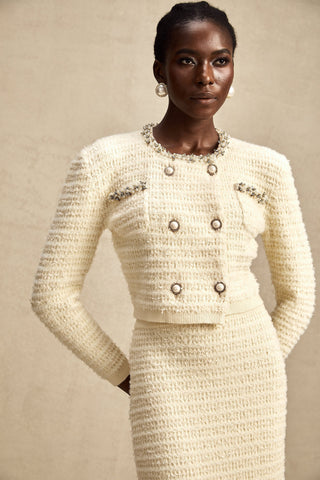 Justine Embellished Knit Cardigan and Skirt Set — Neutral