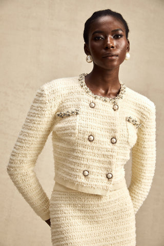Justine Embellished Knit Cardigan and Skirt Set — Neutral