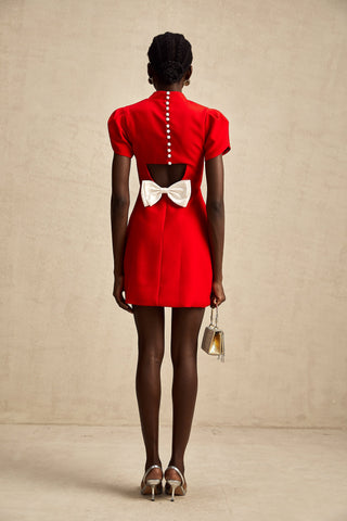 Anna Petal-Sleeve Cut-Out Mini Dress — Red