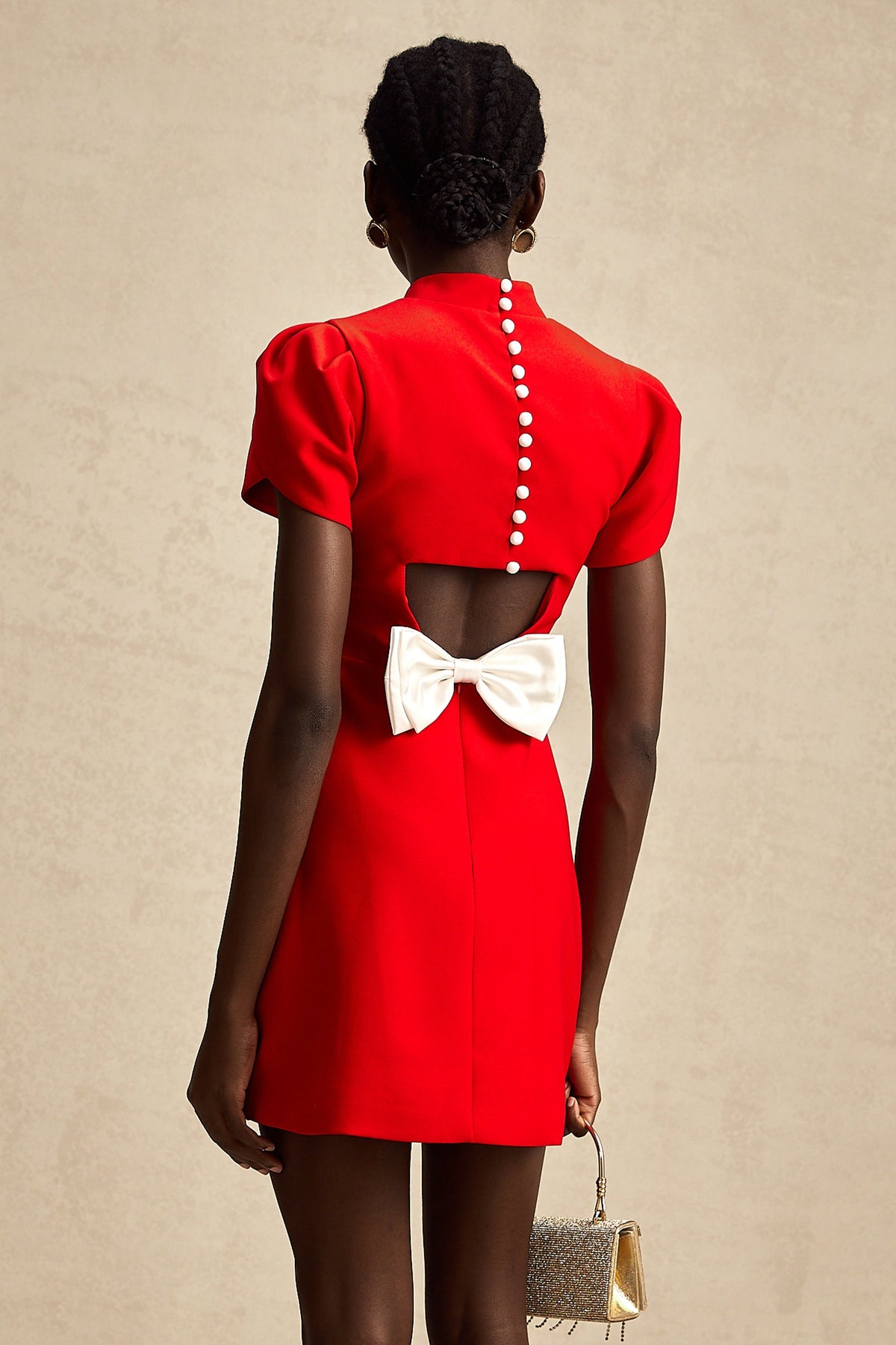 Anna Petal-Sleeve Cut-Out Mini Dress — Red