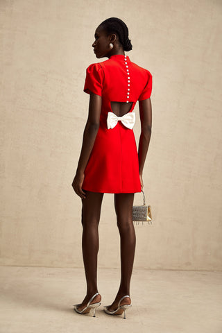 Anna Petal-Sleeve Cut-Out Mini Dress — Red