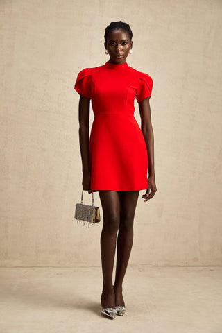 Anna Petal-Sleeve Cut-Out Mini Dress — Red