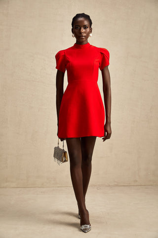 Anna Petal-Sleeve Cut-Out Mini Dress — Red