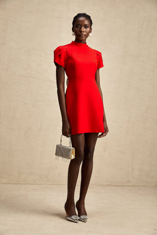Anna Petal-Sleeve Cut-Out Mini Dress — Red