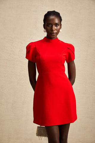 Anna Petal-Sleeve Cut-Out Mini Dress — Red