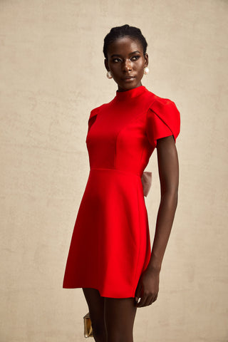 Anna Petal-Sleeve Cut-Out Mini Dress — Red