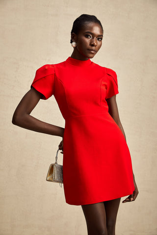 Anna Petal-Sleeve Cut-Out Mini Dress — Red