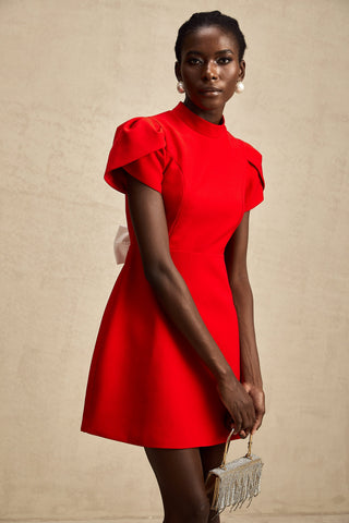 Anna Petal-Sleeve Cut-Out Mini Dress — Red