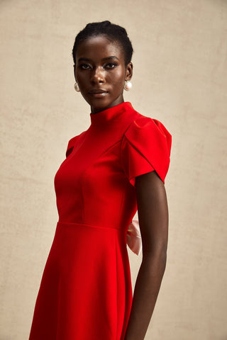 Anna Petal-Sleeve Cut-Out Mini Dress — Red