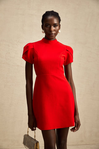 Anna Petal-Sleeve Cut-Out Mini Dress — Red