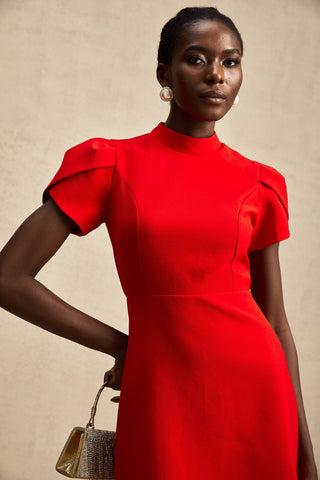 Anna Petal-Sleeve Cut-Out Mini Dress — Red