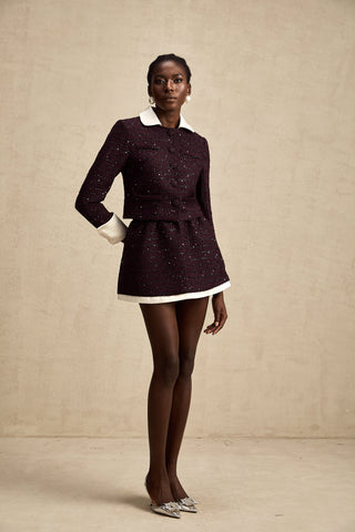 Brigitte Sequined Tweed Jacket and Skirt Set — Purple