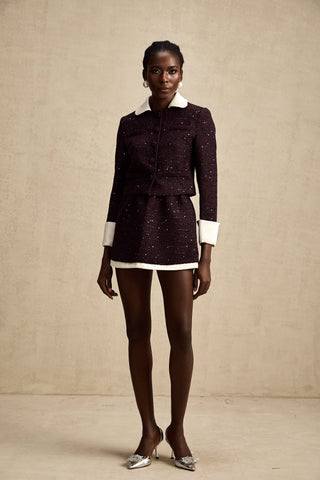 Brigitte Sequined Tweed Jacket and Skirt Set — Purple
