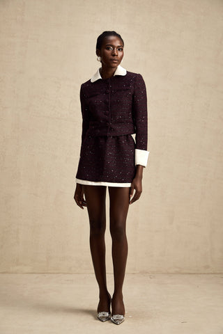 Brigitte Sequined Tweed Jacket and Skirt Set — Purple