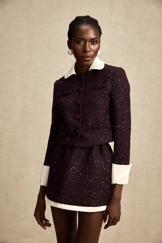 Brigitte Sequined Tweed Jacket and Skirt Set — Purple