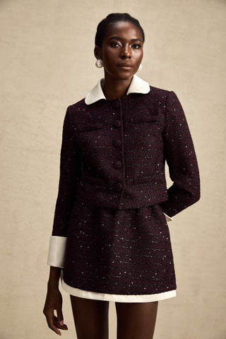Brigitte Sequined Tweed Jacket and Skirt Set — Purple