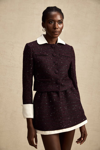 Brigitte Sequined Tweed Jacket and Skirt Set — Purple