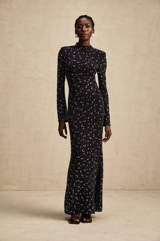 Léna Semi-Sheer Crystal Maxi Dress — Black