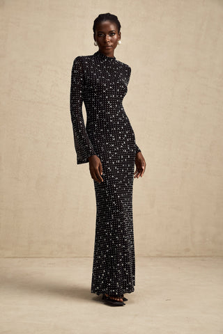 Léna Semi-Sheer Crystal Maxi Dress — Black