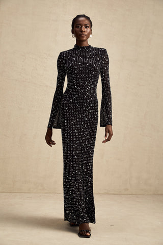Léna Semi-Sheer Crystal Maxi Dress — Black