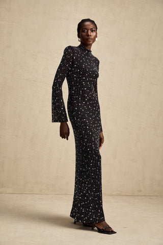Léna Semi-Sheer Crystal Maxi Dress — Black