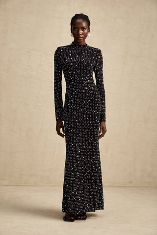 Léna Semi-Sheer Crystal Maxi Dress — Black