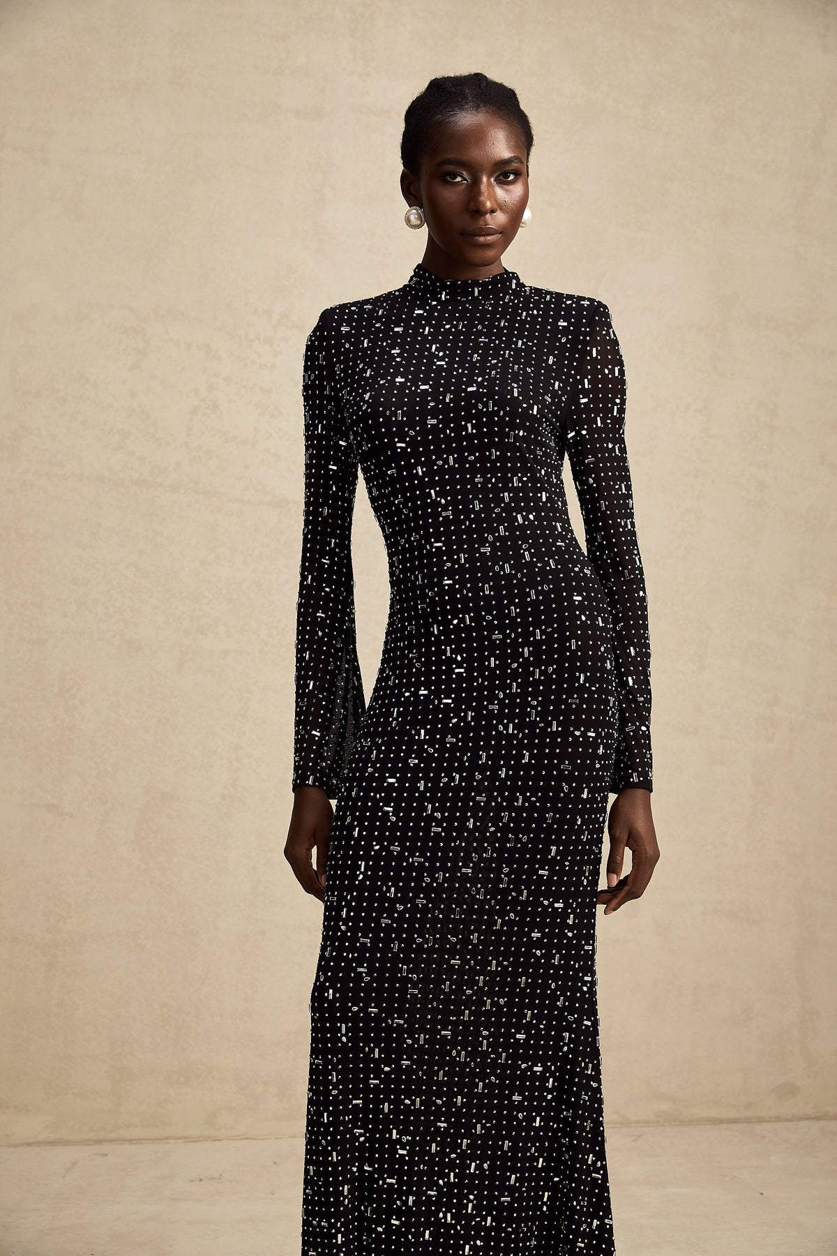 Léna Semi-Sheer Crystal Maxi Dress — Black