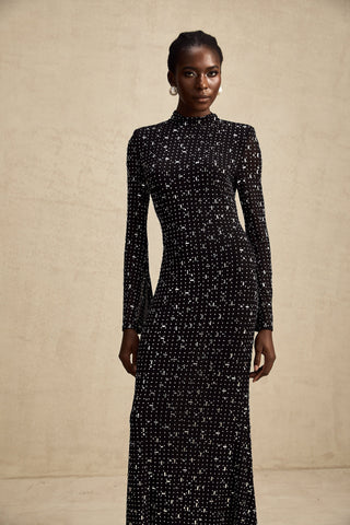 Léna Semi-Sheer Crystal Maxi Dress — Black