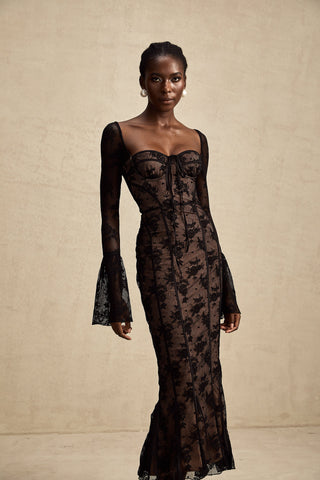 Marlene Lace Bustier Maxi Dress — Black