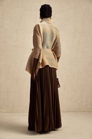 Adèle Cape-Wrap Top and Skirt Set — Khaki & Brown