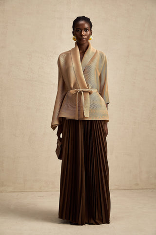 Adèle Cape-Wrap Top and Skirt Set — Khaki & Brown