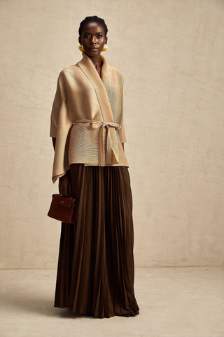 Adèle Cape-Wrap Top and Skirt Set — Khaki & Brown