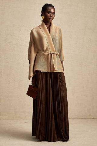 Adèle Cape-Wrap Top and Skirt Set — Khaki & Brown